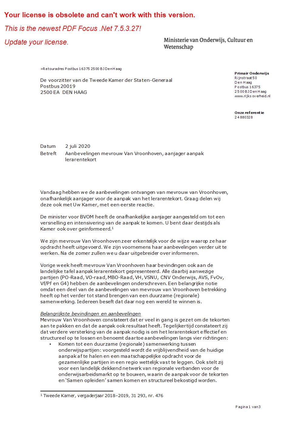 Kamerbrief over aanbevelingen mevrouw Van Vroonhoven over aanpak lerarentekort - 2 juli 2020